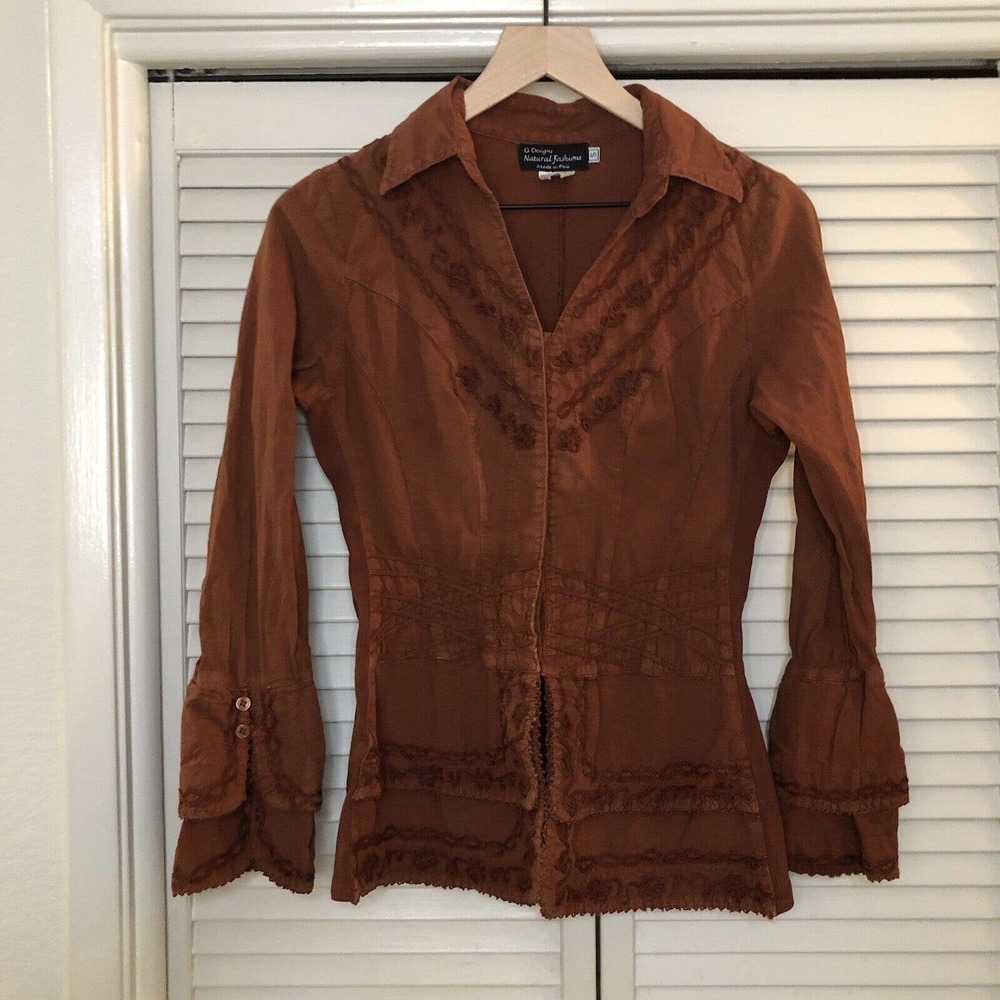 G Design Natural Fashions Sz Small Boho Fitted Blouse Long Cuff